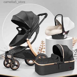 Poussettes # 2023 Nouvelle poussette de bébé 3 en 1 avec couffin et siège d'auto en cuir PU de haute qualité landau de luxe pour chariot nouveau-né Q231116