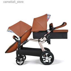 Kinderwagen# 2023 Neue Zwillingskinderwagen Eggshel Doppelkinderwagen Luxus-Kinderwagen aus Leder, tragbar, zusammenklappbar, Doppel-Neugeborenen-Kinderwagen Q231116