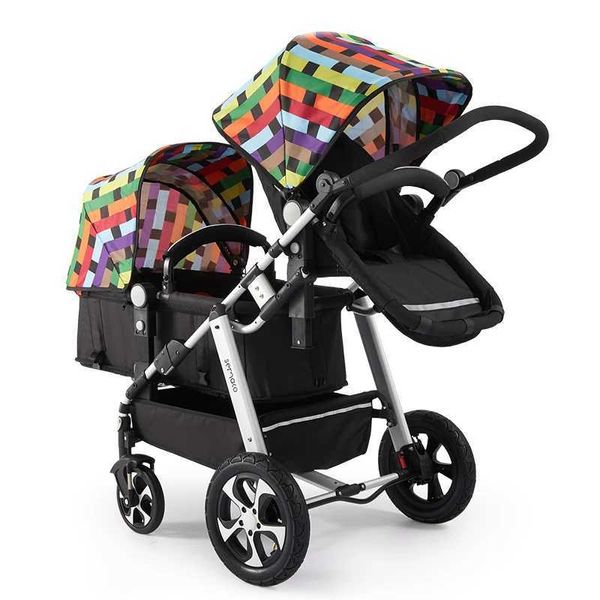 Porte-poussette # 2024 Nouvelle poussette jumelle poussette de poussette de paquet jumeaux Baby CarriaGeAged Souge Pousche de voyage Pushchair High Paysage T240509