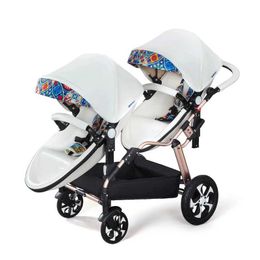 Porte-pousseurs # 2024New Luxury Twins Baby Strorolleraluminum Frame Pu Leather Twin Prambaby peut s'asseoir et mentir pour bébé poussette Carriage T240509