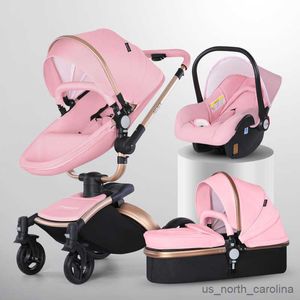 Strollers# Baby Stroller 3 In 1 Lederen baby koets met autostoel Travel opvouwbare pasgeborene kinderwagens voor baby en kinderwagen luxe R230817