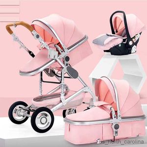 Strollers# Baby Stroller 3 In 1 met autostoel Luxe Multifunctionele babywagen Pink Folding Baby Stroller High Landscape pasgeboren auto R230817