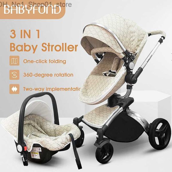 Poussettes # Babyfond Luxe High Paysage Bébé Poussette 3 en 1 Nouveau-né Landau 360 degrés Rotation Transport Cuir EU Sécurité Siège De Voiture Ship1305j Q231215