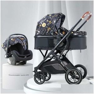 Poussettes # Cartton Baby Poussette 3 en 1 avec siège auto Pu Cuir Pliable Born Carriage Chariot de voyage Landau Poussette L230625 Drop D Otzpz