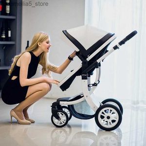 Poussettes # Poussette de bébé de luxe 3 en 1 2023 nouvelle poussette de bébé en cuir PU et siège d'auto haute paysage poussette portable landau blanc Q231116