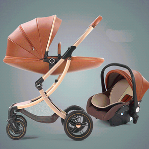 3-in-1 Luxury Baby Stroller with Car Seat, Eggshell Leather, High Landscape