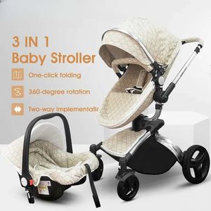 Strollers# Luxury High Landscape Baby Stroller 3 In 1 Pasgeboren PRAM 360 graden Rotate Leer Leer Veiligheidsauto -stoel Ship1305J Brand Q240429
