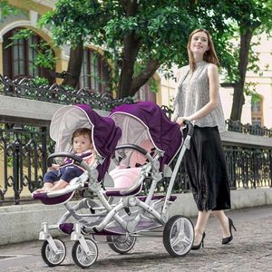 Strollers# Luxury Twin Baby Stroller kan gaan zitten of liggen High Landscape Pram Light en Shock Proof Folding Double Stroller Baby Accessories T240509