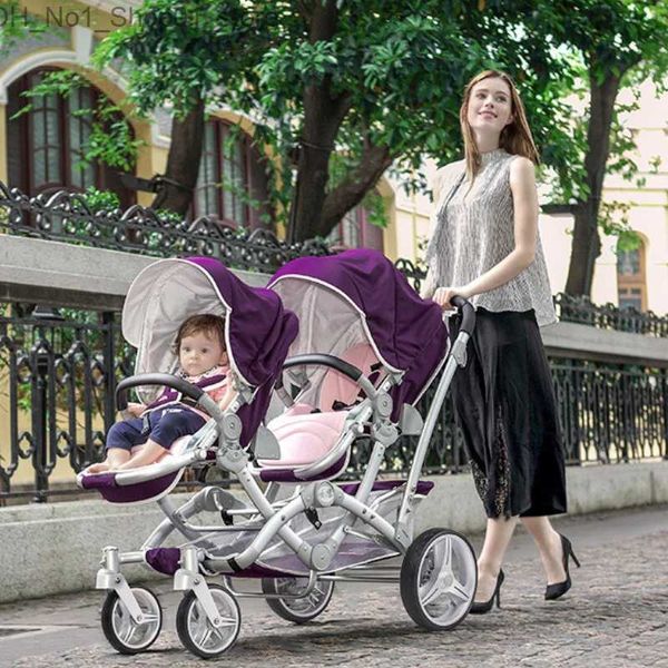 Poussettes # Luxe Twin bébé poussette peut s'asseoir ou s'allonger haut paysage landau léger et résistant aux chocs pliant Double bébé accessoires Q231215