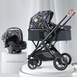 Strollers# Nieuwe Cartton Baby Stroller 3 In 1 met autostoel PU Leer Folderbare pasgeboren koets Travel Trolley PRAM Pasgeboren Pusionchair Baby H240514