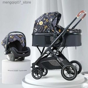 Poussettes # Nouveau Cartton bébé poussette 3 en 1 avec siège auto en cuir PU pliable nouveau-né chariot de voyage landau nouveau-né poussette bébé L240319