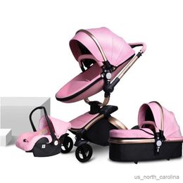 Poussettes # Nouvelle poussette de bébé en cuir 3 en 1 poussette de bébé de haut niveau High Paysage Carriage Carriage Luxury Baby Pollante Pliage Pram R230817