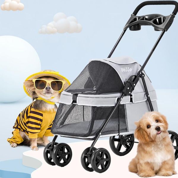 Cochecitos Cochecito para mascotas, carrito ligero para perros y gatos con cuatro ruedas, carrito de transporte plegable con absorción de impacto para perros, cochecito transpirable para exteriores