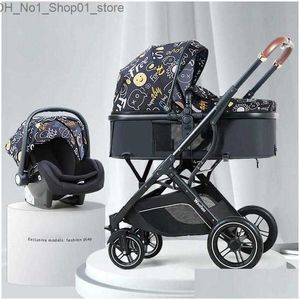 Kinderwagens # Kinderwagens # Cartton Kinderwagen 3 in 1 met autostoel Pu-leer Opvouwbaar Born Carriage Travel Trolley Kinderwagen Kinderwagen L230625 Drop D Otzpz Q231215