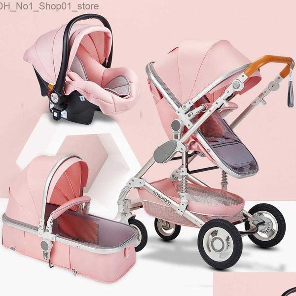 Cochecitos # Cochecitos Cochecito de bebé de alto paisaje 3 en 1 Mamá Pink Travel Pram Carriage Cesta Asiento de automóvil y carrito Drop Entrega Niños Maternidad Dhmeu Q231215