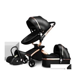 Strollers# Strollers Luxe leer 3 In 1 Baby Stroller Two Way Suspension 2 Safety Car Seat Born Bassinet Carriage Pram Fold Drop Dhujm