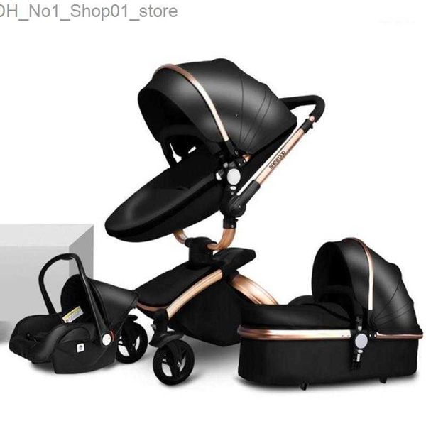 Poussettes # Poussettes # Cuir de luxe 3 en 1 poussette bébé Suspension bidirectionnelle 2 siège de sécurité Born berceau chariot landau costume marque haut de gamme confortable Q231215