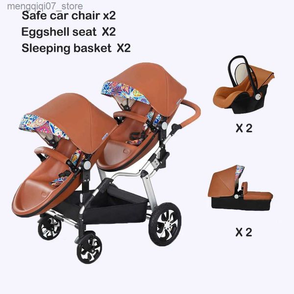 Poussettes # Livraison gratuite Twin bébé poussette 3in1 luxe haute paysage landau pliant chariot PU cuir landau L240319