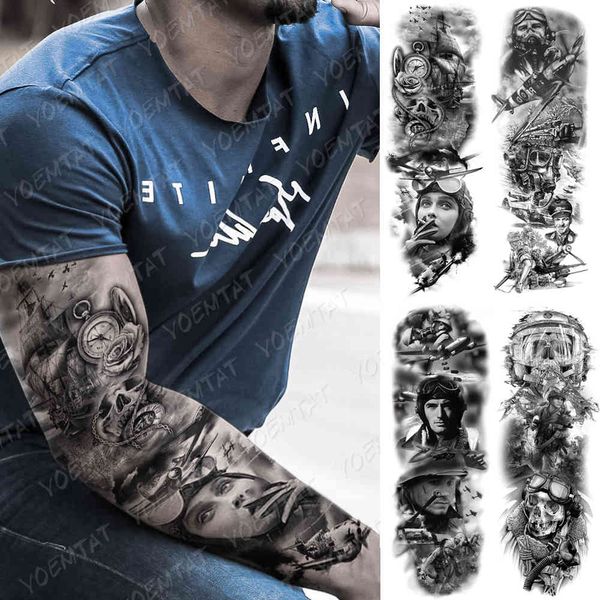 Fuerte brazo manga oscuro fresco tatuaje avión soldado piloto impermeable tatuaje temporal pegatina vela brújula arte corporal cabeza completa