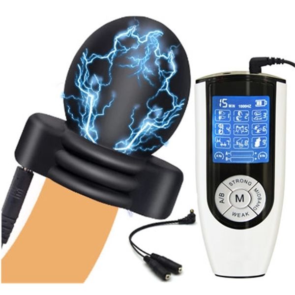 Fuerte descarga eléctrica glande masaje taza pene electroestimulación retraso manga masturbación masculina productos de sexo íntimo x0728