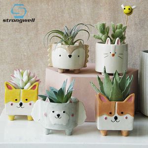 Strongwell Nordic Leuke Animal Ceramic Flower Pot Hedgehog Bunny Puppy Slaapkamer Kleine Bloempot Mini Gardenin Woondecoratie Gift 210615