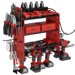 Sttoraboks modulaire organisator laadstation, muurgemonteerde garage 4 boorplankenrek met haken, zware gereedschapsbatterijhouder Ingebouwde stekkerdoos met 8 stopcontacten, 3