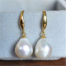 Boucles d'oreilles en perles baroques blanches naturelles, 10-12mm, crochet pendant 18 carats, goutte de culture de mariage, 231124