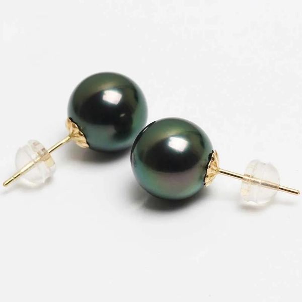 Pendientes de perlas tahitianas negras de 1011mm para mujer, pendiente de tuerca de perla redonda perfecta, joyería fina de oro de 18k AU750, regalo de aniversario