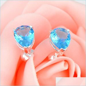 Stud 12 pares / 1 lote Nueva joyería de mujer Azul Gota de agua Topacio Gemas Pendientes de perno prisionero 925 Sier Zircon Gota Entrega Pendientes de joyería DHPQB