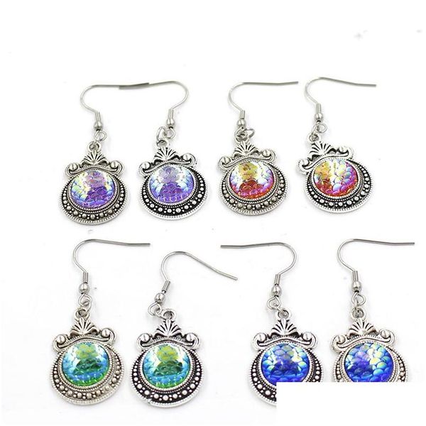 Stud 12Colors Metal 12Mm Fish Scale Pendientes Brillante Druzy Mermaid Cabochon Hook Para Mujeres Joyería Drop Delivery Dhdjb