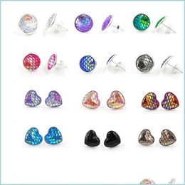 Stud 12 mm Mermaid Resin Fish Scale Stud Earring Visschaal oorbellen rond hartvormige sier geplateerde C3 Drop Delivery 2021 Sieraden DHSE DHTGZ