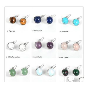 Stud 12mm natuursteen ronde edelsteen turquoises bungelde oorbellen tijgeroog Onyx labradoriet doorboord Frankrijk oorrang haak sieraden druppel del dhsz2