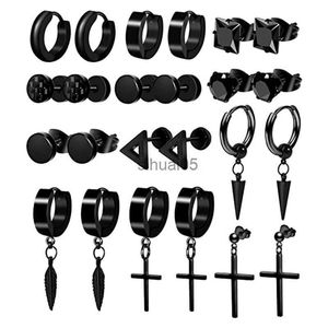 Stud 12Set Black Cross Dangle Brincos para Homens Aço Inoxidável Piercing Hoop Set Unisex Orelha Jóias YQ231026