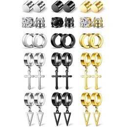 Stud 15 paires de fausses boucles d'oreilles magnétiques en acier inoxydable croix Dangle cerceau non perçant unisexe clip sur boucle d'oreille 290D