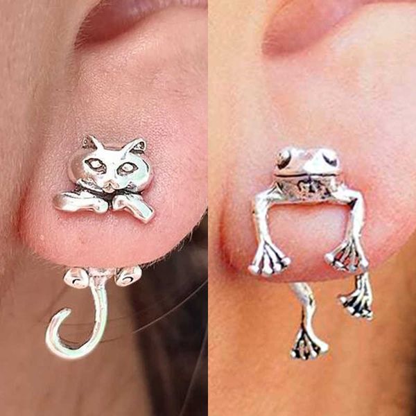 Stud 1 par de pendientes lindos de rana y gato para mujeres y hombres, pendientes divertidos con forma de animal, pendiente llamativo de plata tibetana, piercing en la oreja, regalo de joyería P230411