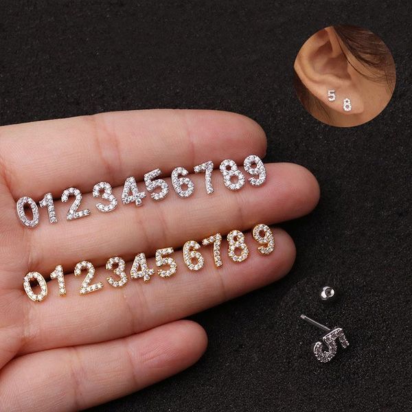 Stud 1Pc 0-9 Números arábigos Cz Cartílago Pendiente Acero inoxidable Lóbulo Tragus Rook Ear Piercing Joyería Regalo de cumpleaños