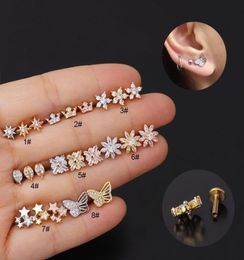 Stud 1PC 16G CZ oreille piercing lage boucles d'oreilles fleur étoile papillon conque Rook Tragus plat Labret dos bijoux 4988645