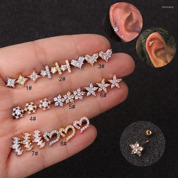 Stud 1Pc acero inoxidable CZ pequeño cartílago pendiente estrella corazón Luna Piercing joyería Tragus Rook Conch tornillo trasero pendientesStud Moni22