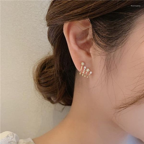 Stud 2022 pendientes de garra de cuatro filas para mujer perla de estrella brillante ajuste de cuatro puntas gancho de oreja de Color dorado regalo de joyas de fiesta Brincos Moni22