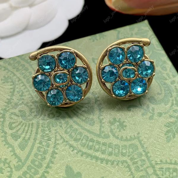 Stud 2023 Nouvelle mode Boucles d'oreilles en laiton cristal bleu Boucle d'oreille de luxe exquise pour femmes fête cadeau de mariage bijoux de haute qualité avec boîte