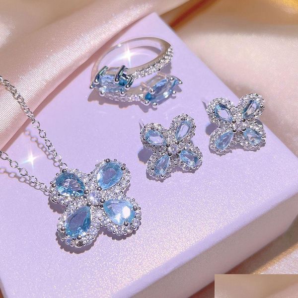 Estudio 2023 NUEVO GEOMETRY CLOVER DESIGNILLADOR PARA MOMENTES Azules Blue Diamante Cristal Piedra Luxury Ear Anillos Parring Collares Ni Dh5yf