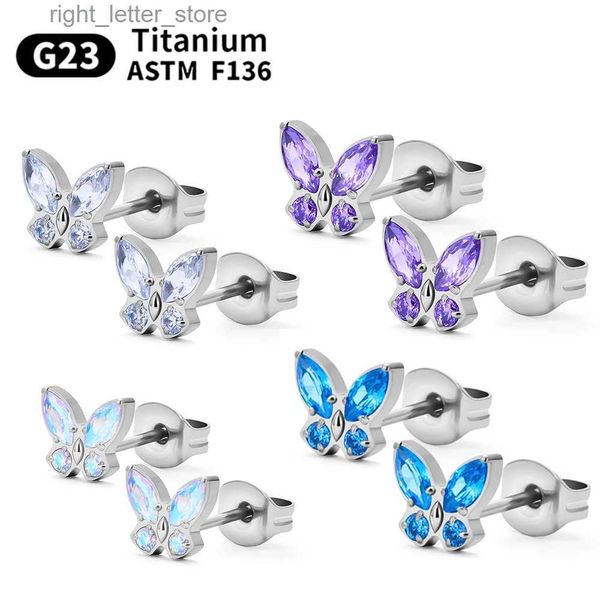 Stud 2 unids G23 Titanio mariposa Stud Pendiente para mujeres Piercing Nasal Nail Labret Crystal Body Jewelry ASTM F136 YQ231211