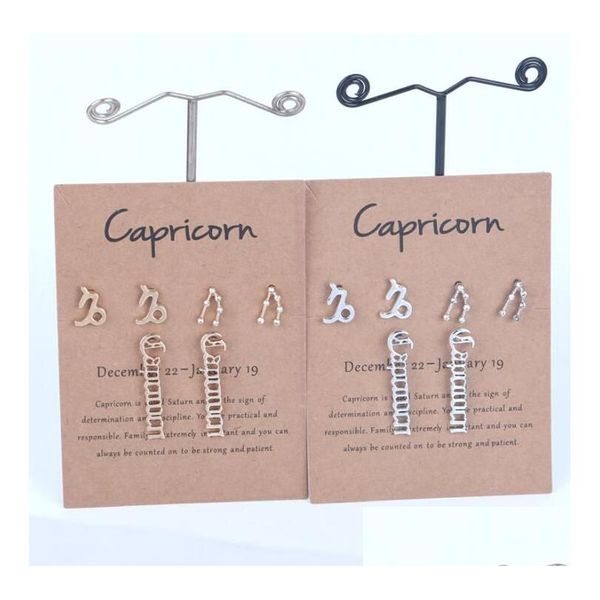 Stud 3 Paires / Set 12 Constellation Zodiac Boucles d'oreilles Horoscope Signe Zircon Coréen Bijoux Star Galaxy Balance Astrologie Femmes Oreille Anneau Cadeau Dhfht