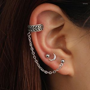 Boucles d'oreilles 3 pièces/ensemble pour femmes couleur argent Antique chaîne de feuille de lune 3 trous d'oreille JewelryStud Farl22