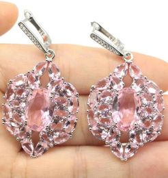 Stud 50x27mm SheCrown Sieraden Set Grote Gemaakt Roze Kunzite Wit CZ Vrouwen Bruiloft Dagelijks Dragen Zilveren Hanger EarringsStud6221214