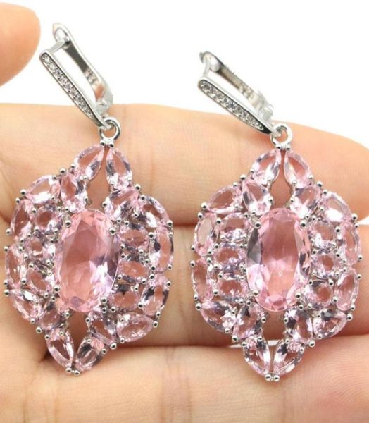 Stud 50x27mm SheCrown Bijoux Ensemble Big Créé Rose Kunzite Blanc CZ Femmes Mariage Quotidien Porter Argent Pendentif Boucles D'oreillesStud7316042