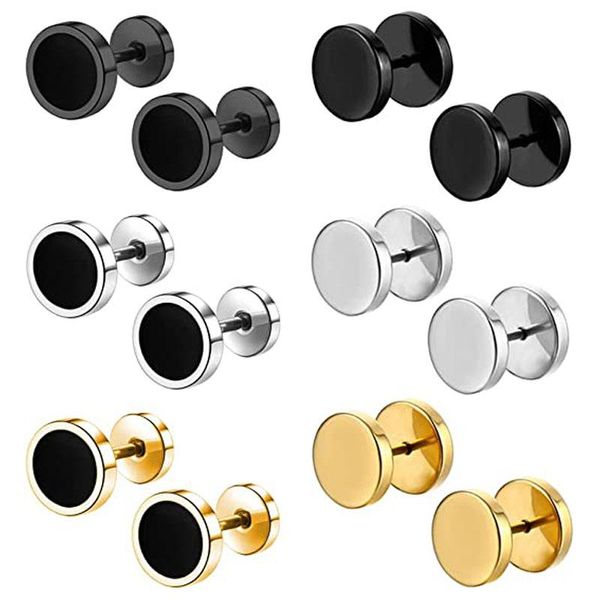 Stud 6 pares Barbell Ear Set titanio acero hipoalergénico Piercing Punk pendientes joyería para hombres mujeres 8mm oro plata negro