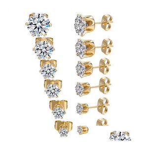 Estudio 6 pares Pendientes redondos de diamante de diamante de acero inoxidable Piedra simple de 3-8 mm CZ para mujeres Men unisex Drop entrega Jewelr Dhwvd
