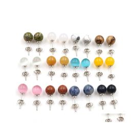 Stud 8Mm 10Mm Piedra natural Acero inoxidable Blanco Verde Turquesa Ópalo Rosa Cuarzo rosa Amatista Piedras de cristal Druzy Studs E Baby D Dhmom