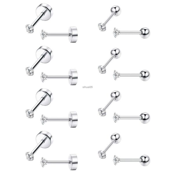 Goujon 8 paires de boucles d'oreilles en acier inoxydable pour cartilage, minuscule ronde de 2 mm, zircone cubique, piercing d'oreille, petite vis d'haltère/dos plat YQ231026